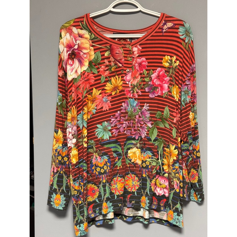 Johnny Was Los Angeles Floral Striped Bamboo Henley Top Red Multi Large T11722-1
